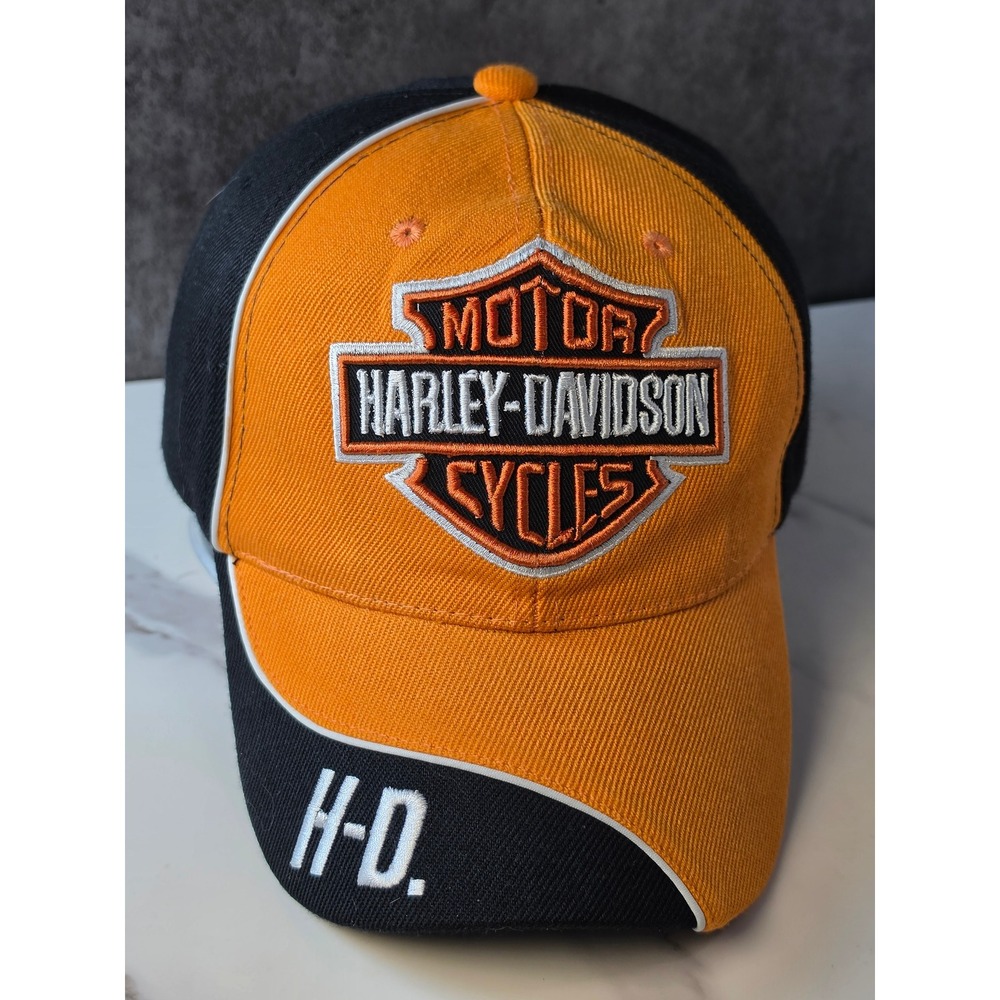 Harley-Davidson Mens Orange Black Embroidered Bar & Shield Logo Baseball Hat Cap